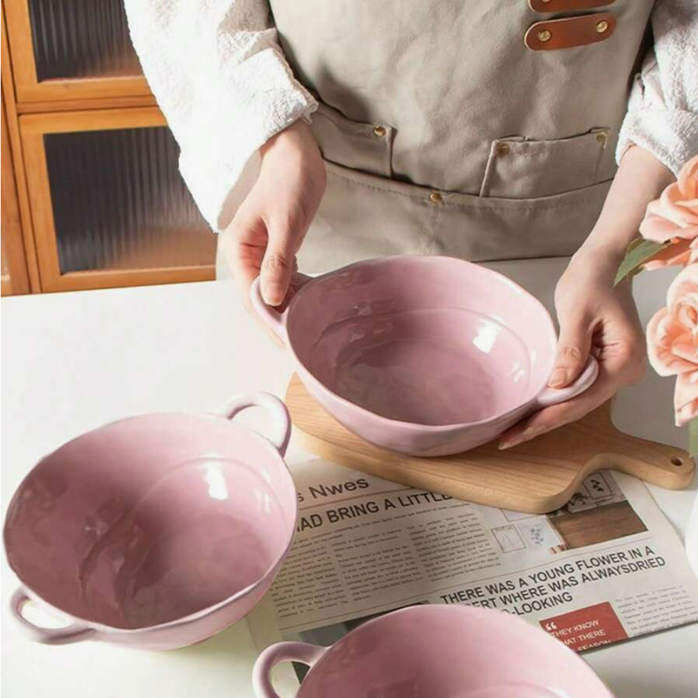 1 ceramic Korean beige salad bowl with two ears school supplies