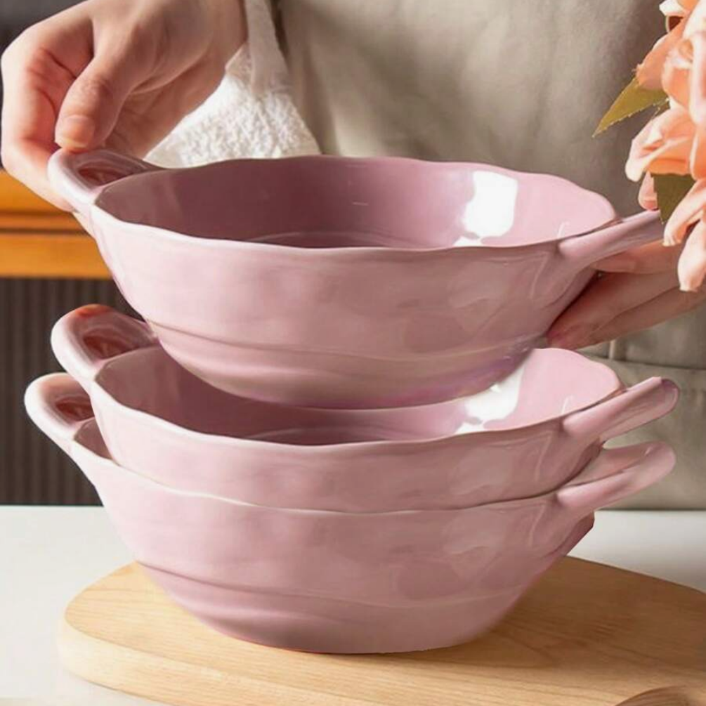 1 ceramic Korean beige salad bowl with two ears school supplies